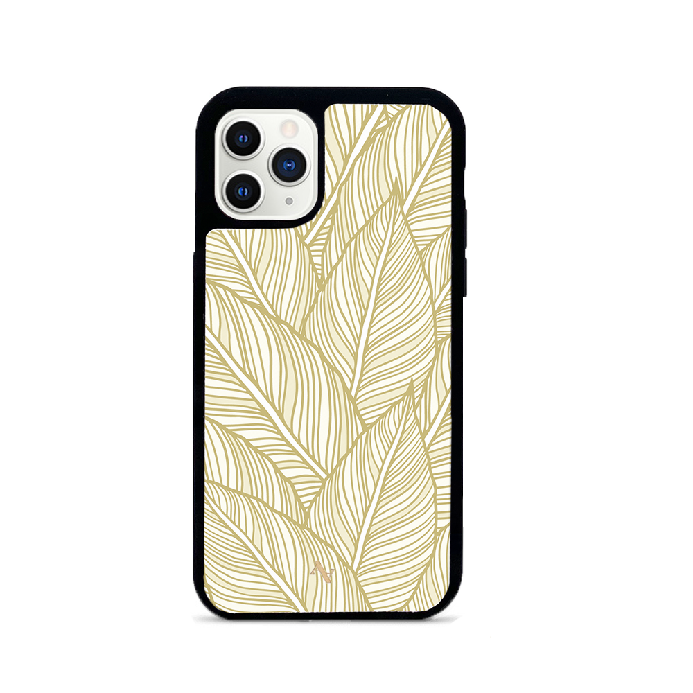 MAAD Tropical Plants iPhone 11 Pro leather case in genuine saffiano leather with a soft rubber rim, featuring customizable monogram options.